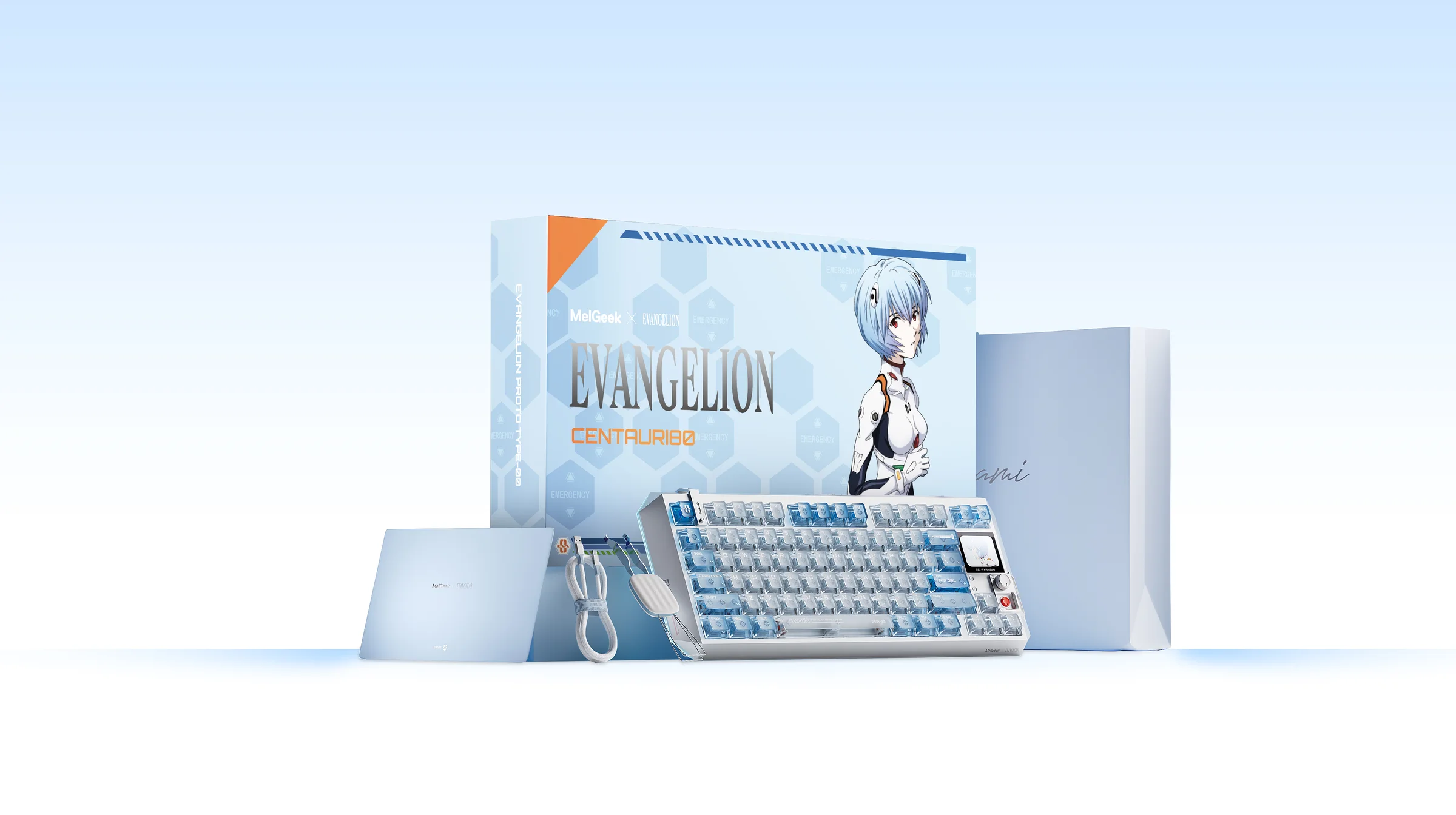 Coffret collector Centauri 80 EVA-00 Rei Ayanami — boîte illustrée, clavier, souris, tapis et coffret signature