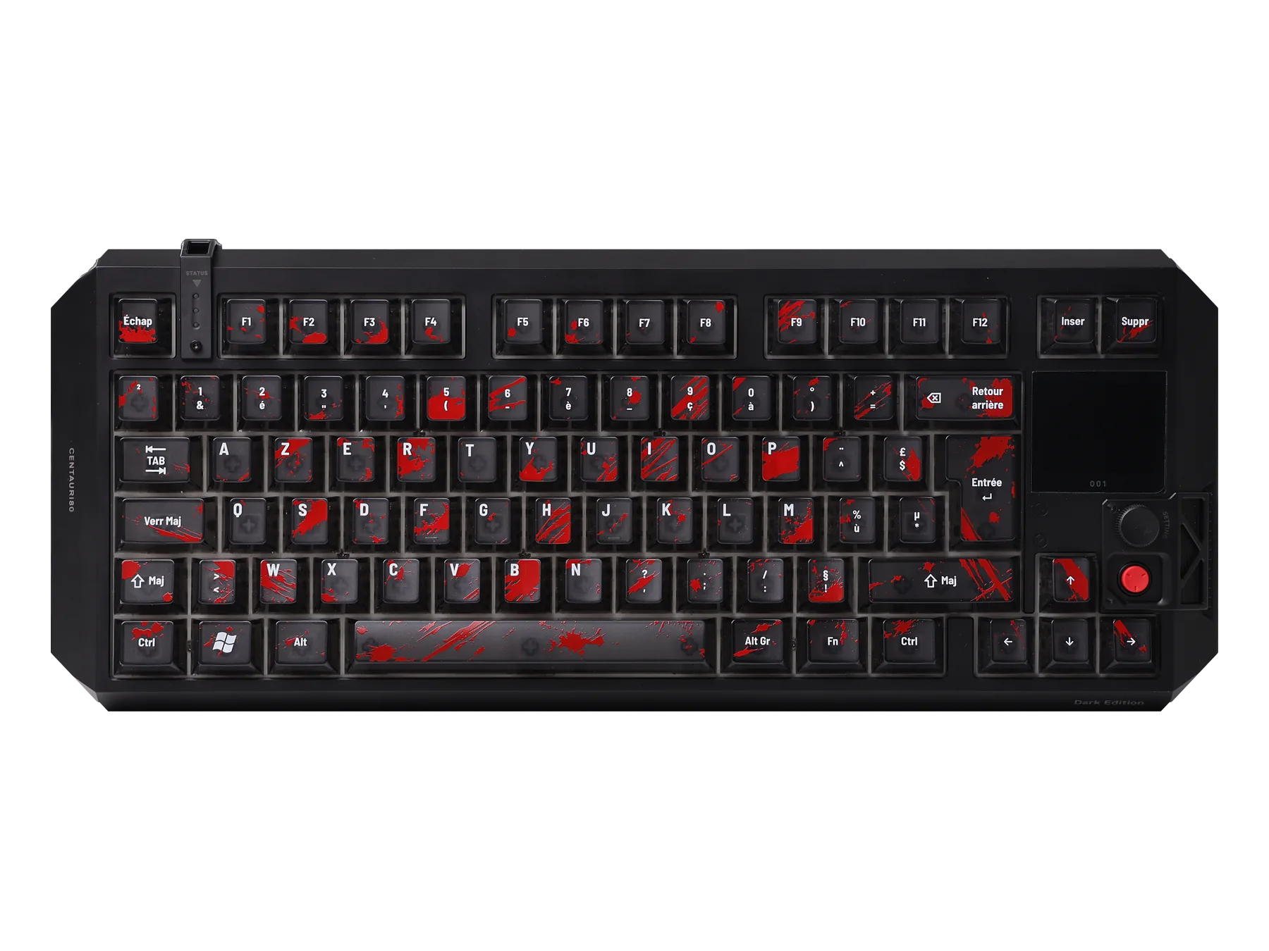 Le clavier AZERTY avec le set de keycaps Sheshounet monté, vu de dessus, détouré : touches noires translucides éclaboussées de rouge, légendes françaises