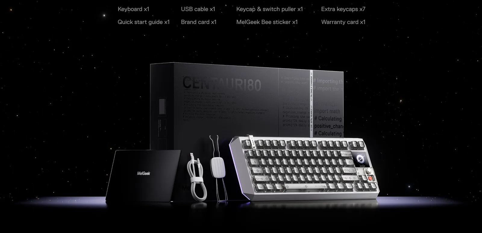 Coffret Centauri : clavier, câble USB-C, extracteur, 7 touches supplémentaires, guide, cartes et sticker