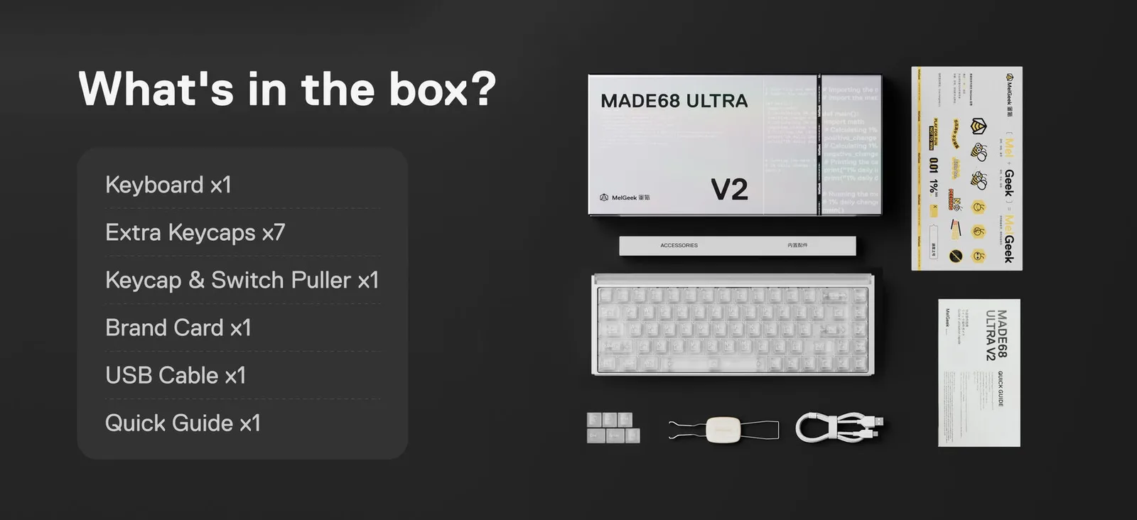 Coffret MADE68 Ultra V2 : clavier, 7 touches supplémentaires, extracteur, câble USB-C, cartes et guide rapide